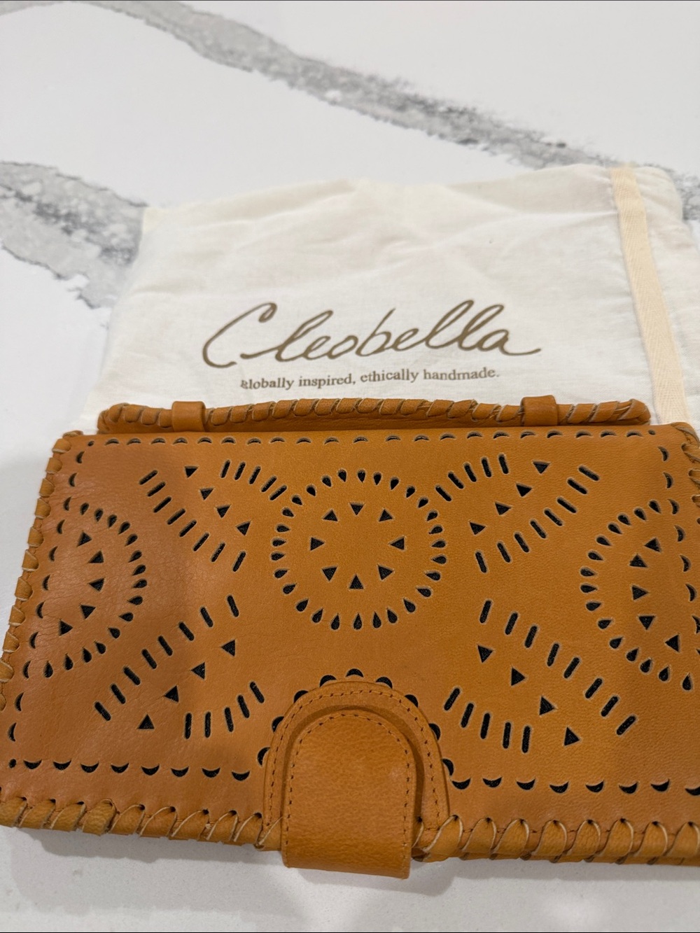 Cleobella Cognac Laser-Cut Leather Wallet Clutch